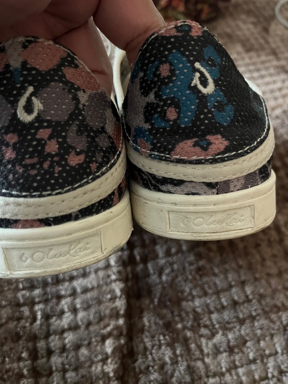 OluKai Women's Black Floral Slip-On Sneakers with Blue & Pink Accents Size 8W